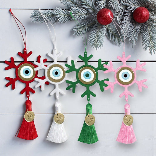 🤍✨ Κρεμαστό Γούρι Νιφάδα με Μάτι & Φούντα – 2026