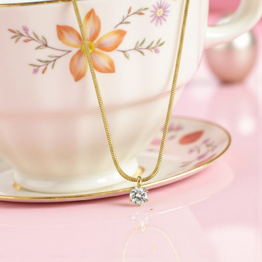 Ατσάλινο κολιέ Classic Solitaire με ζιργκόν σε χρυσό & ασημί, χονδρική So Cute by DImi