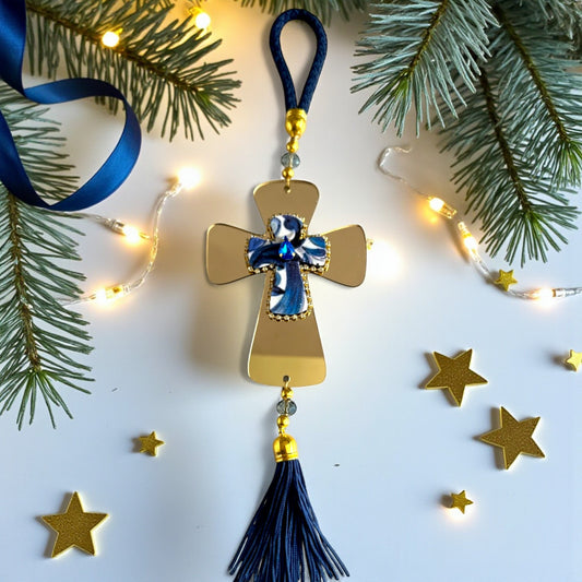 Γούρι 2026 κρεμαστός σταυρός με κρύσταλλο, στρας & φούντα – Greek Wishes Χονδρική So Cute by Dimi