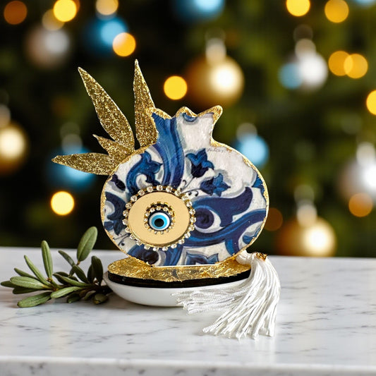 Γούρι 2026 ρόδι με χρυσά φύλλα ελιάς & μάτι – Greek Wishes Χονδρική So Cute by Dimi