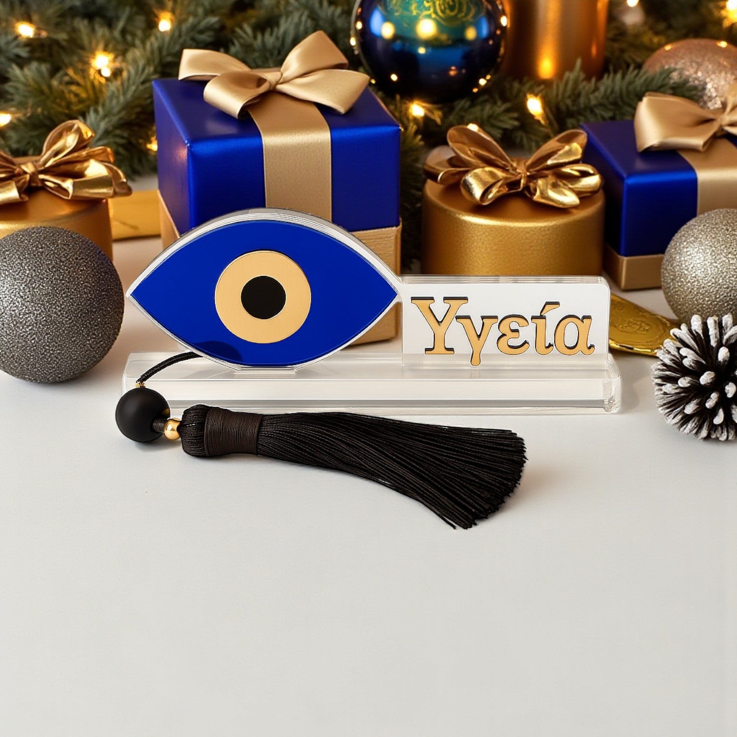 Γούρι Μάτι Υγεία  χονδρική, χειροποίητο επιτραπέζιο plexiglass με φούντα & χάντρες – So Cute by Dimi