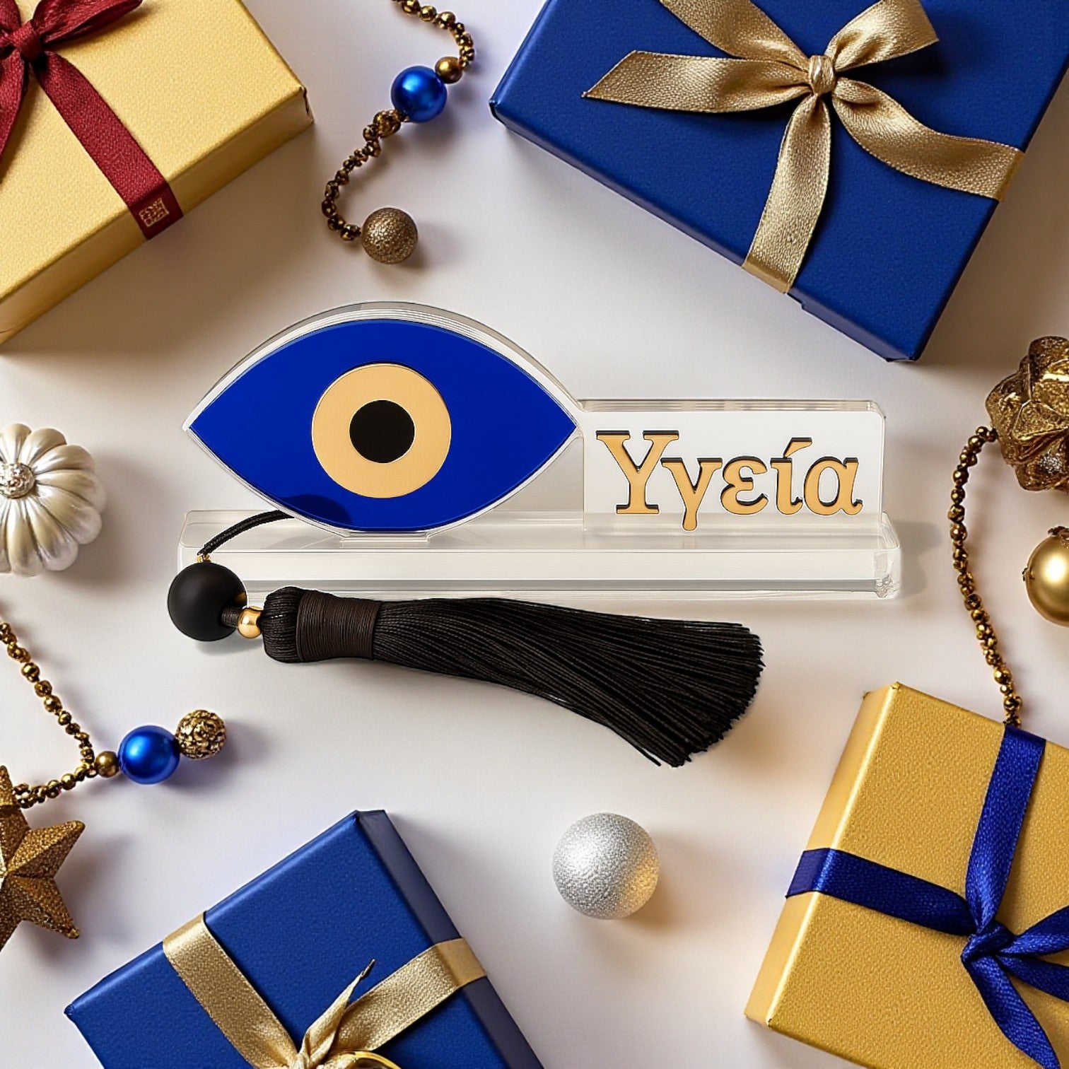 Γούρι Μάτι Υγεία  χονδρική, χειροποίητο επιτραπέζιο plexiglass με φούντα & χάντρες – So Cute by Dimi