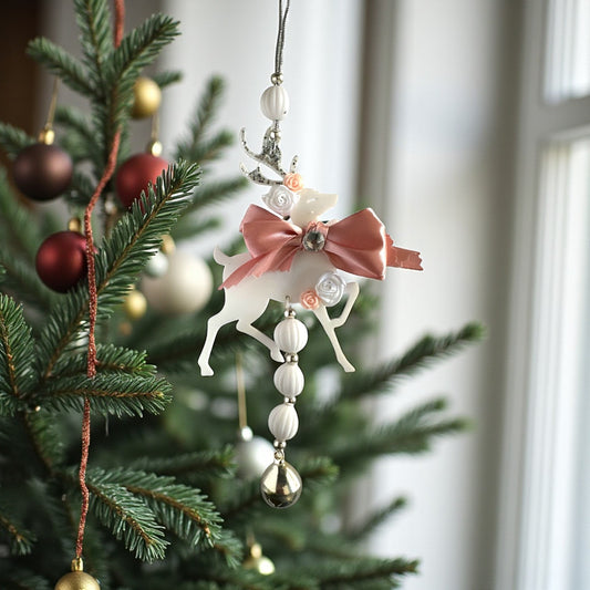 Fairytale Deer γούρι 2026 χονδρική, χειροποίητο κρεμαστό ελαφάκι plexiglass με φιόγκο, στρας, λουλούδια & χάντρες – So Cute by Dimi