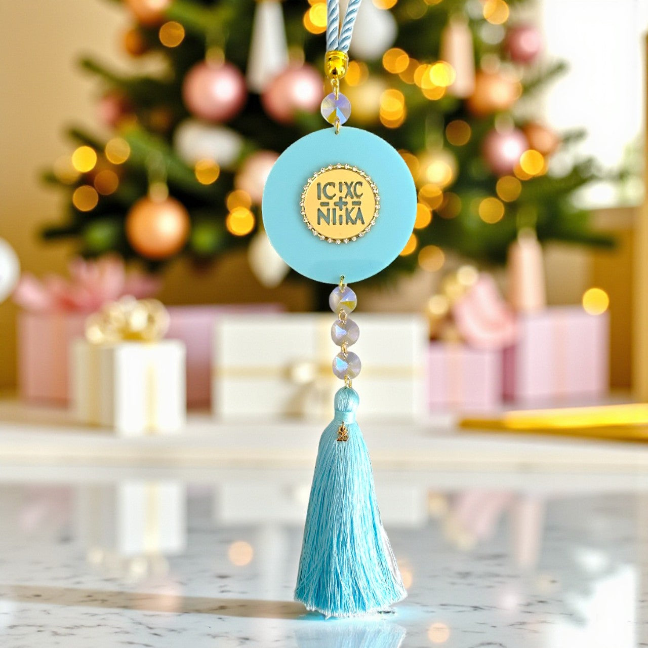 Χονδρικό γούρι 2026 Elegant Κωνσταντινάτο από πλεξιγκλάς καθρέφτη, στρας και φούντα So Cute by Dimi