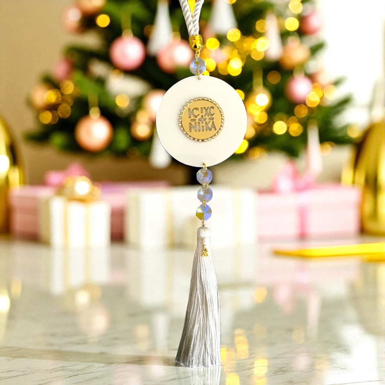 Χονδρικό γούρι 2026 Elegant Κωνσταντινάτο από πλεξιγκλάς καθρέφτη, στρας και φούντα So Cute by Dimi