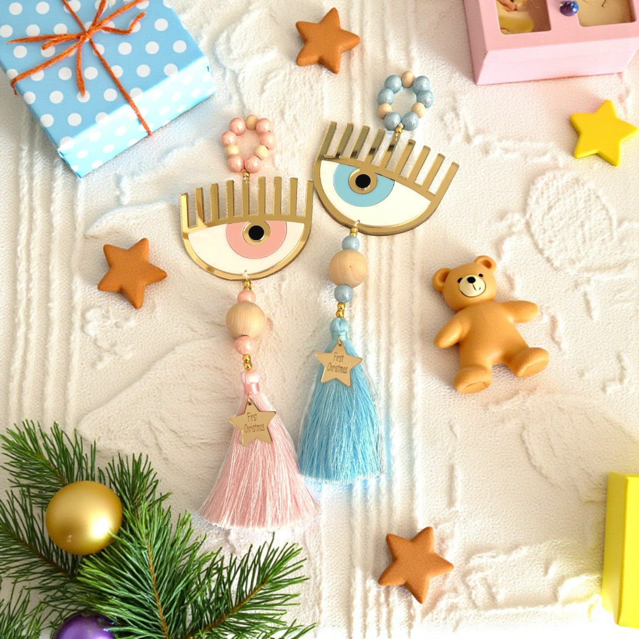 🤍✨ Γούρι First Christmas με Μάτι, Φούντα & Αστεράκι | Plexiglass Χρυσός Καθρέφτης