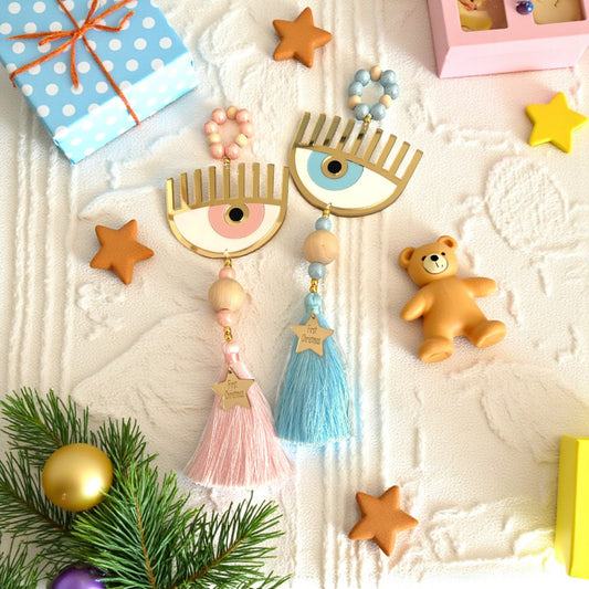 🤍✨ Γούρι First Christmas με Μάτι, Φούντα & Αστεράκι | Plexiglass Χρυσός Καθρέφτης