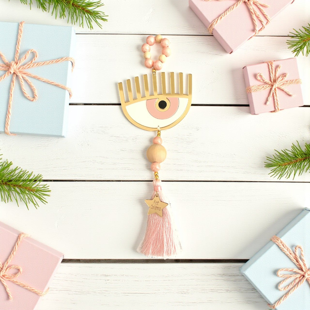 🤍✨ Γούρι First Christmas με Μάτι, Φούντα & Αστεράκι | Plexiglass Χρυσός Καθρέφτης