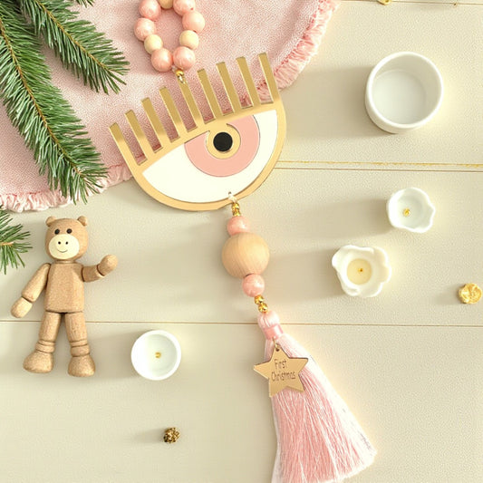 🤍✨ Γούρι First Christmas με Μάτι, Φούντα & Αστεράκι | Plexiglass Χρυσός Καθρέφτης