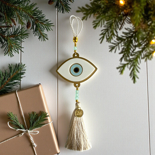 🤍✨ Γούρι 2026 Κρεμαστό Μάτι Οβάλ – Χρυσό Ματ Καθρέφτη & Plexiglass