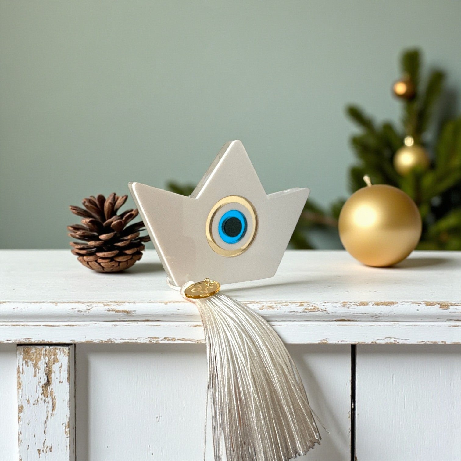 Γούρι  επιτραπέζιο καραβάκι μάτι plexiglass χρυσό με φούντα – Χονδρική So Cute by Dimi