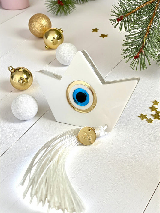 Γούρι  επιτραπέζιο καραβάκι μάτι plexiglass χρυσό με φούντα – Χονδρική So Cute by Dimi