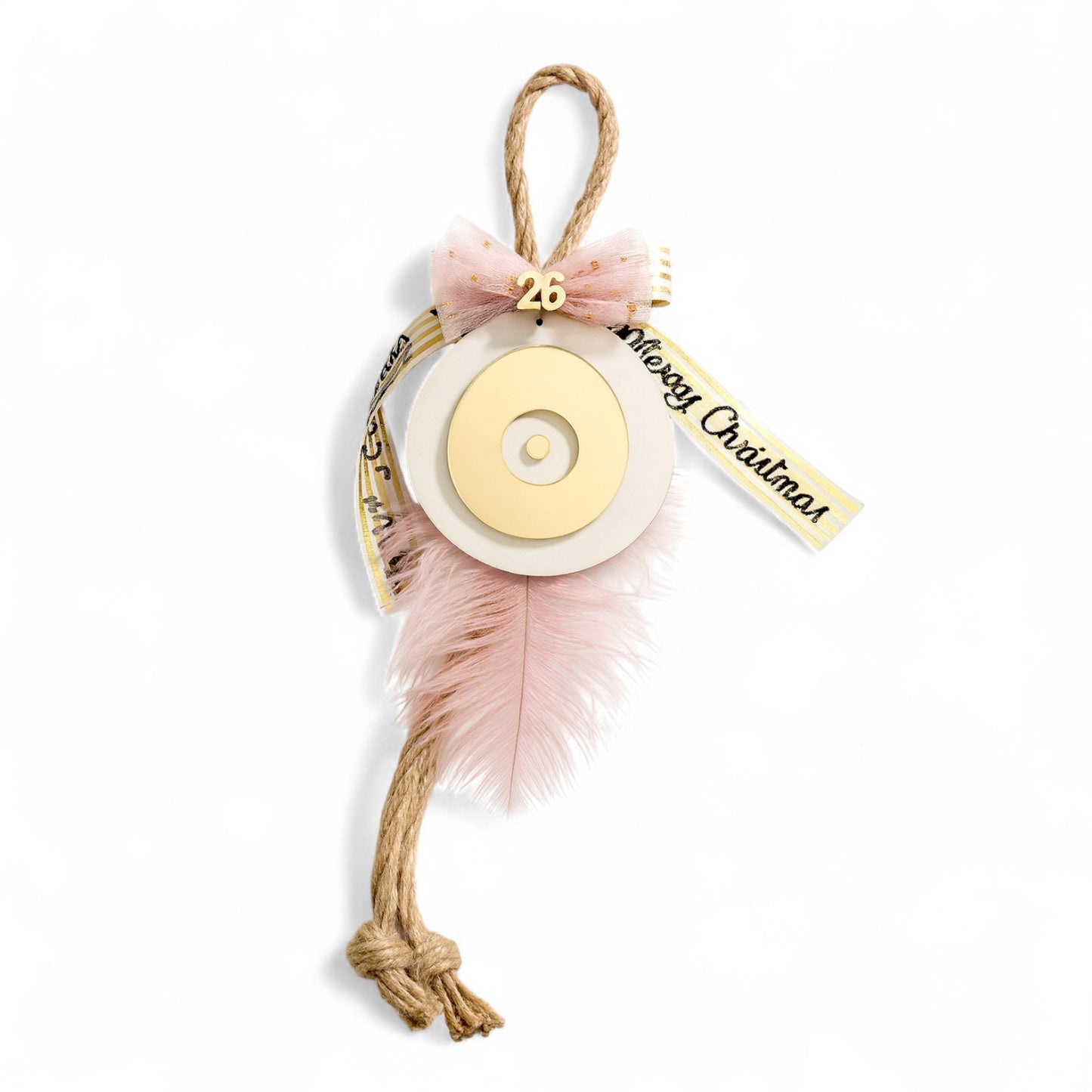 Κρεμαστό boho γούρι μάτι με χρυσό καθρέφτη, λευκή βάση και ροζ φτερό, So Cute by DImi χονδρική