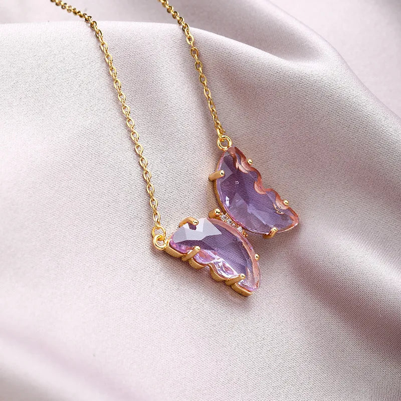 Butterfly Titanium Steel Inlay Crystal Pendant Necklace