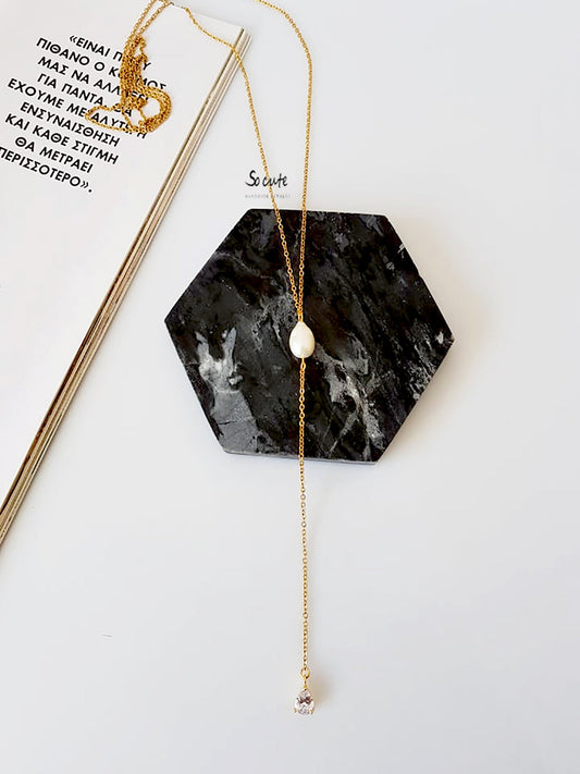 Ατσάλινο κολιέ Υ με πέρλα και ζιργκόν