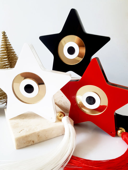 Star Charm γούρι χονδρική, χειροποίητο plexiglass αστέρι με μάτι, στοιχείο 2026 & φούντα – So Cute by DImi