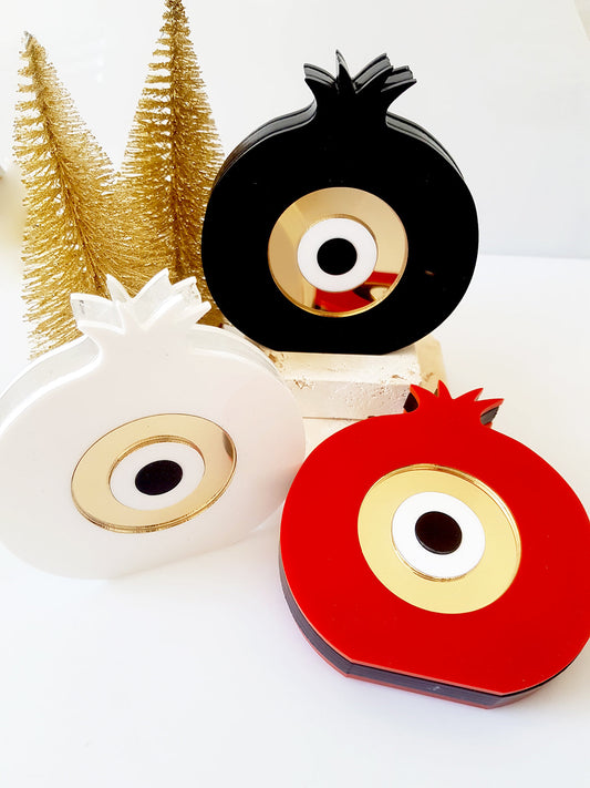Pomegranate Eye γούρι χονδρική, επιτραπέζιο χειροποίητο plexiglass ρόδι με μάτι χρυσό καθρέφτη – So Cute by Dimi