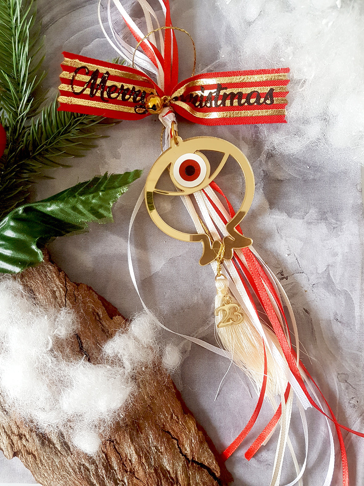 Γούρι ρόδι με μάτι και φούντα