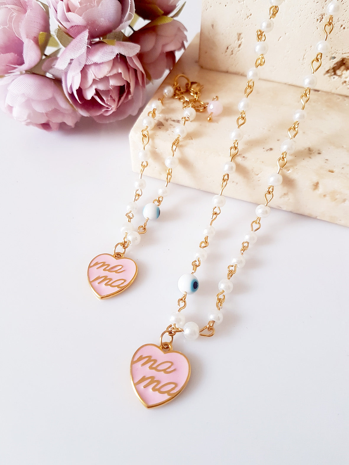 Κολιέ ροζάριο και βραχιόλι με πέρλες και καρδιά “Mama” – So Cute by Dimi χονδρική
