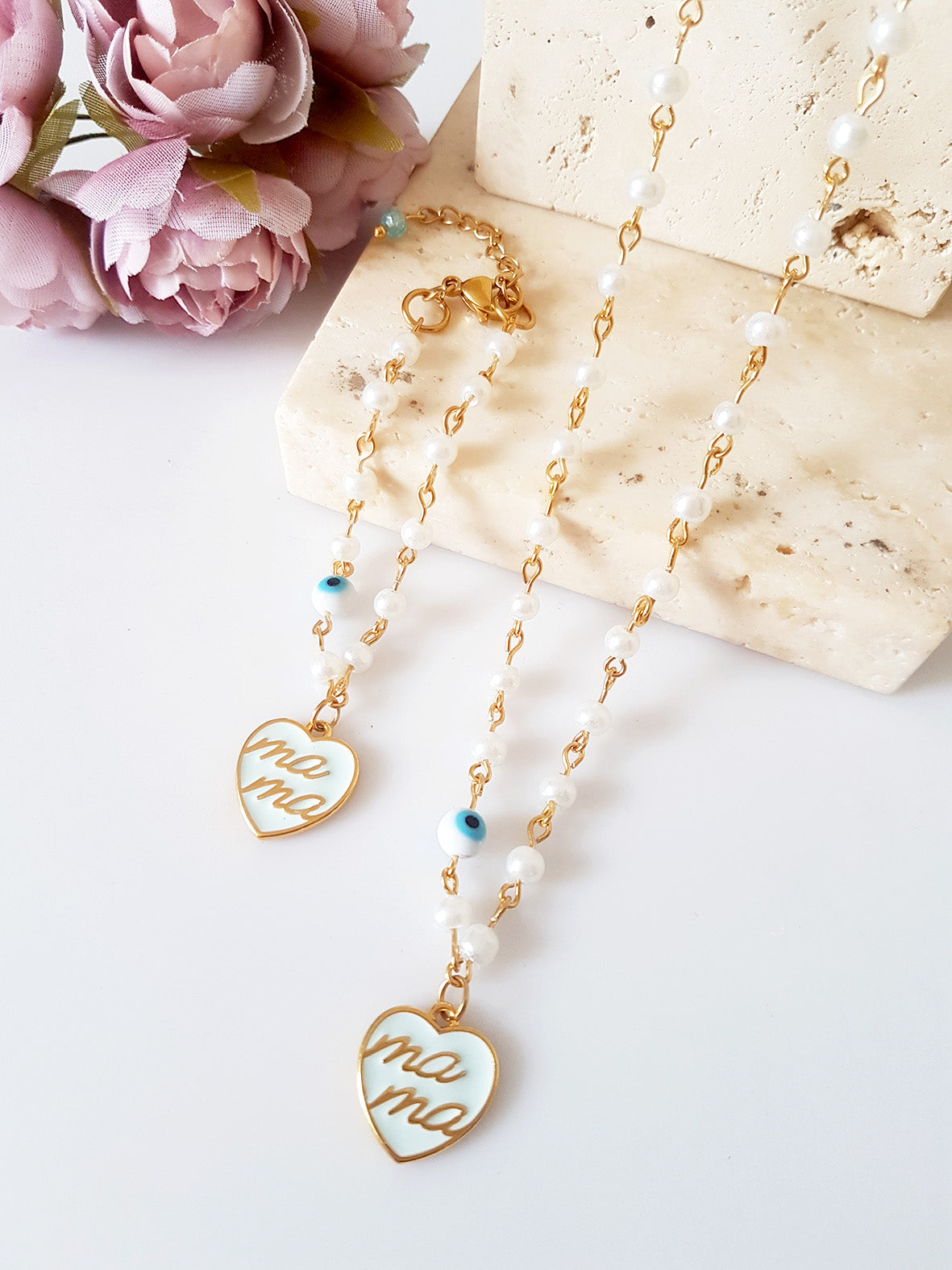Κολιέ ροζάριο και βραχιόλι με πέρλες και καρδιά “Mama” – So Cute by Dimi χονδρική