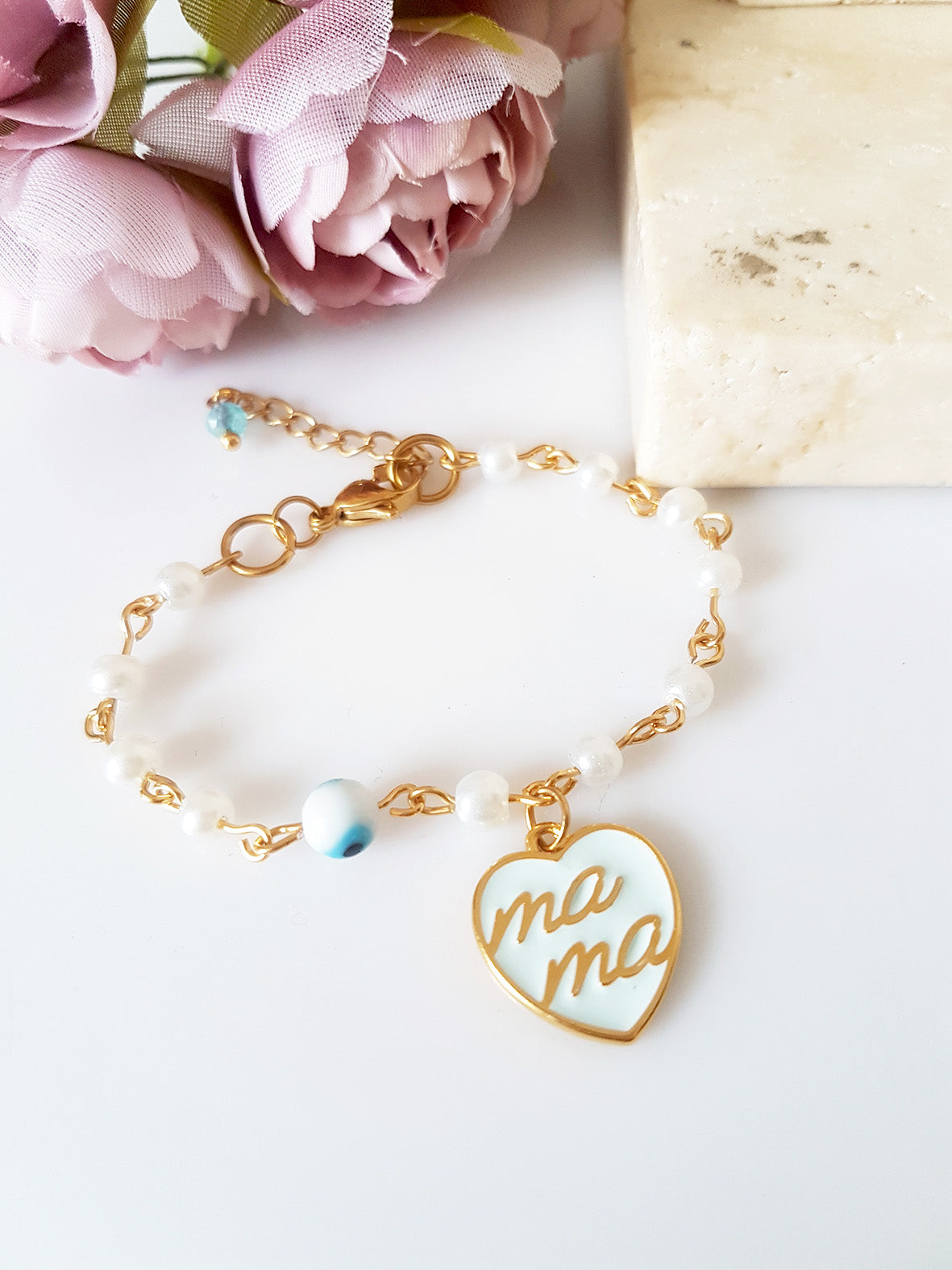 Χειροποίητο βραχιόλι ροζάριο με πέρλες και καρδιά Mama από σμάλτο – So Cute by Dimi