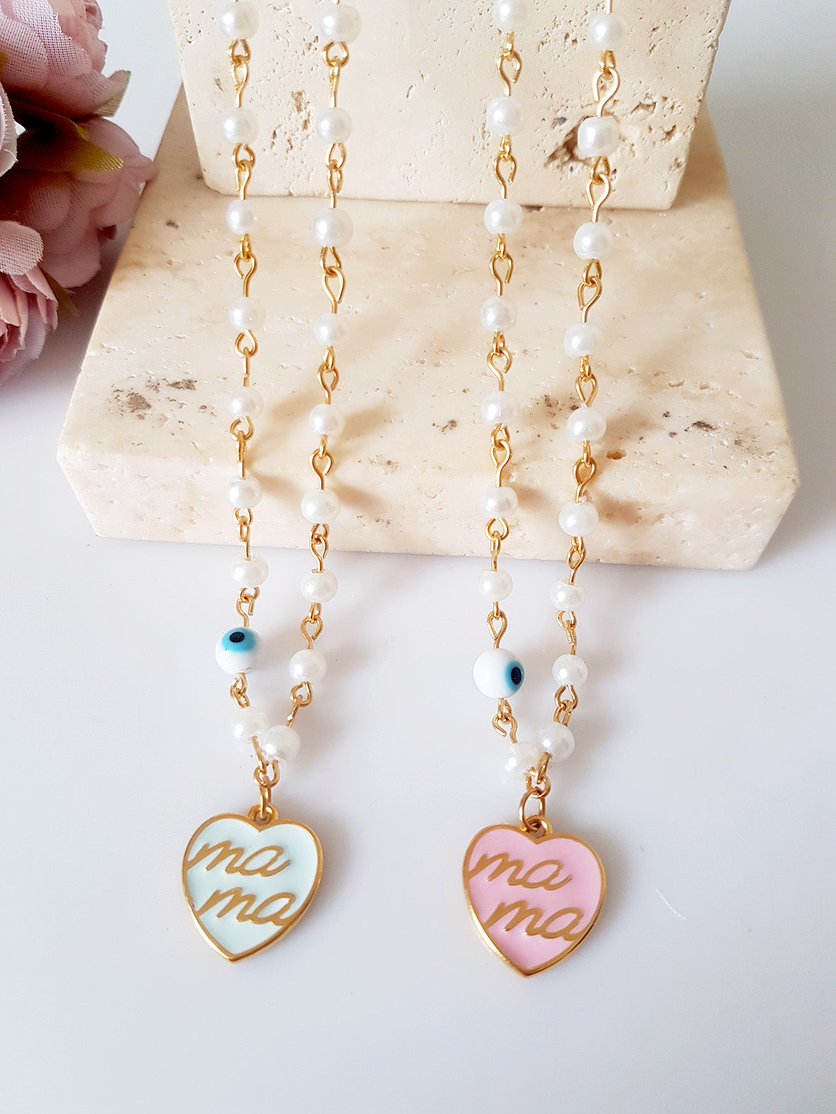Κολιέ ροζάριο με πέρλες και καρδιά “Mama” – So Cute by Dimi χονδρική