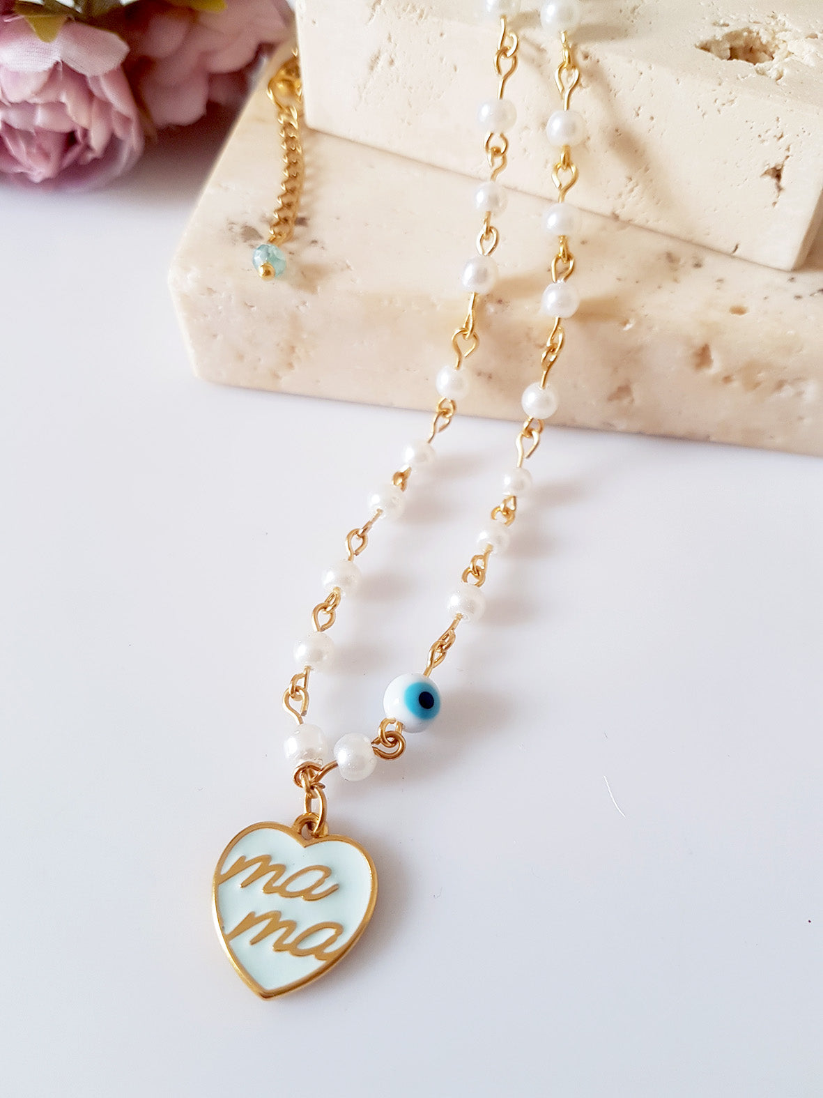 Κολιέ ροζάριο με πέρλες και καρδιά “Mama” – So Cute by Dimi χονδρική