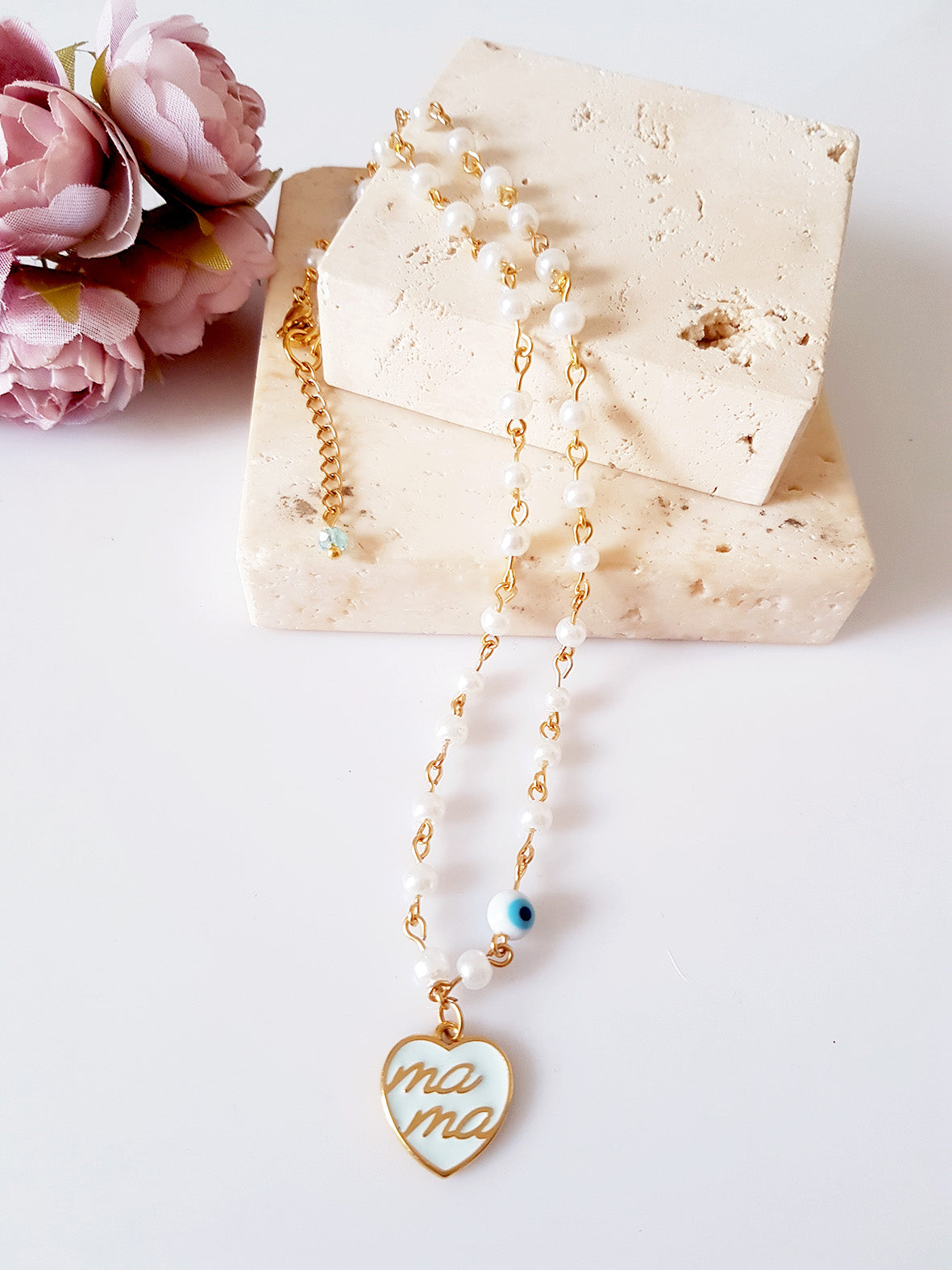 Κολιέ ροζάριο με πέρλες και καρδιά “Mama” – So Cute by Dimi χονδρική