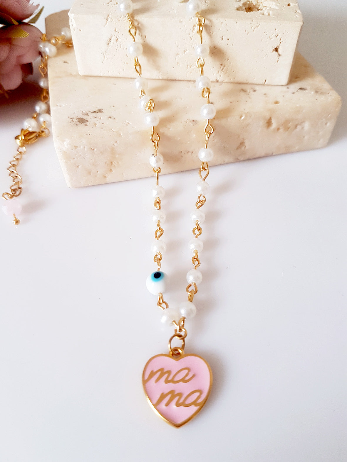 Κολιέ ροζάριο με πέρλες και καρδιά “Mama” – So Cute by Dimi χονδρική