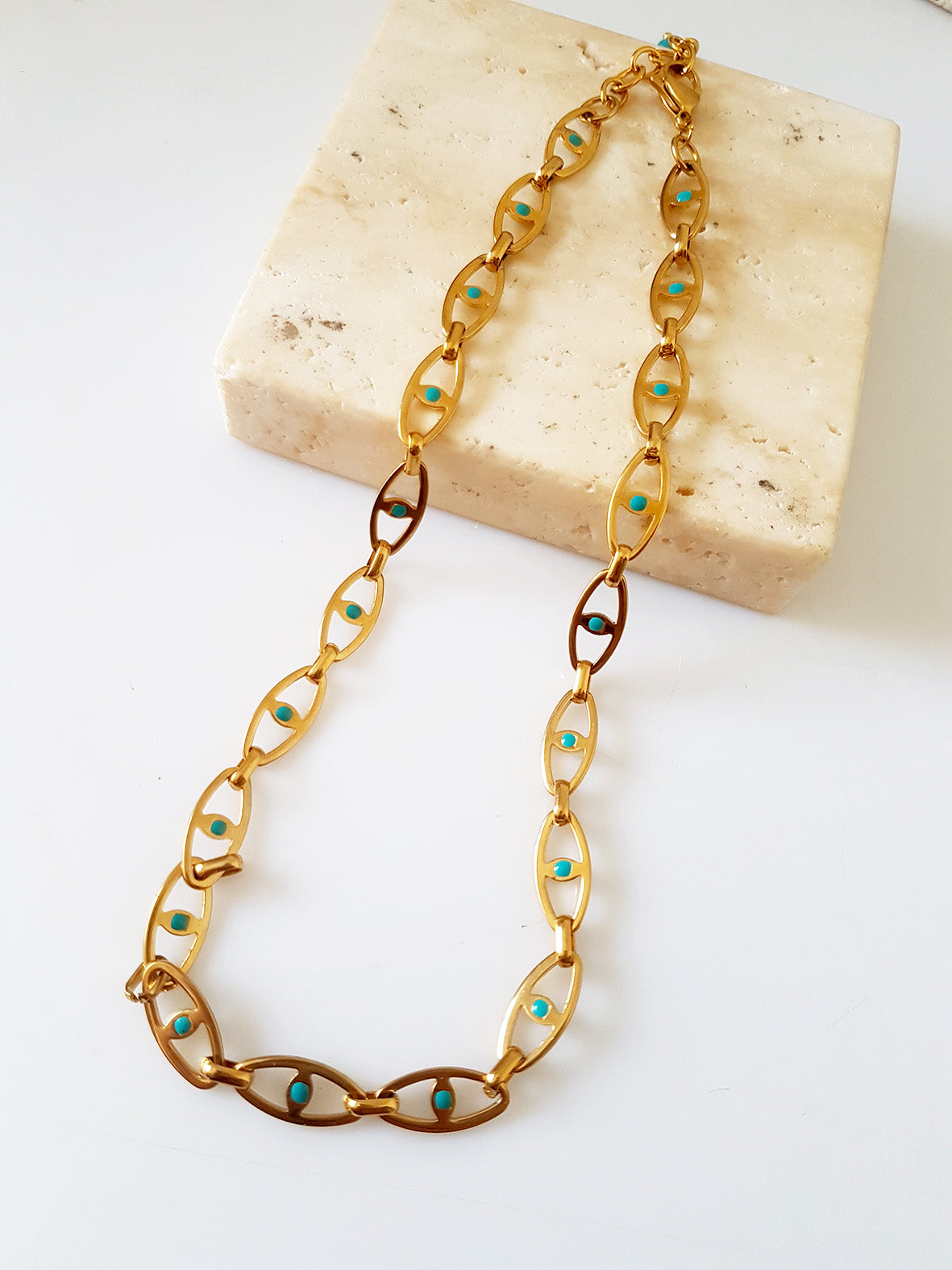 Κολιέ με τυρκουάζ σμάλτο και επίχρυση ατσάλινη αλυσίδα – So Cute by Dimi χονδρική