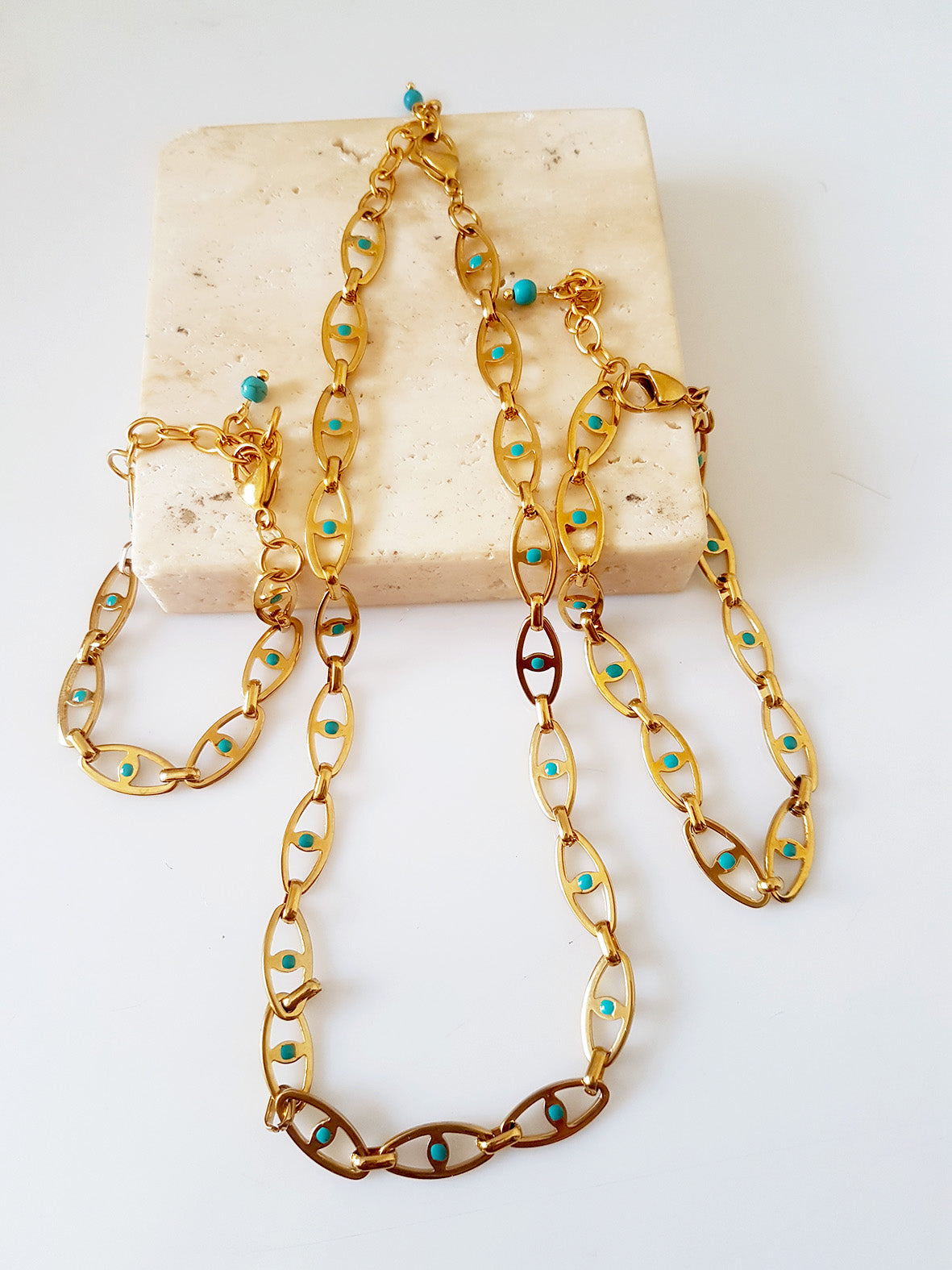 Κολιέ με τυρκουάζ σμάλτο και βραχιόλια με επίχρυση ατσάλινη αλυσίδα – So Cute by Dimi χονδρική