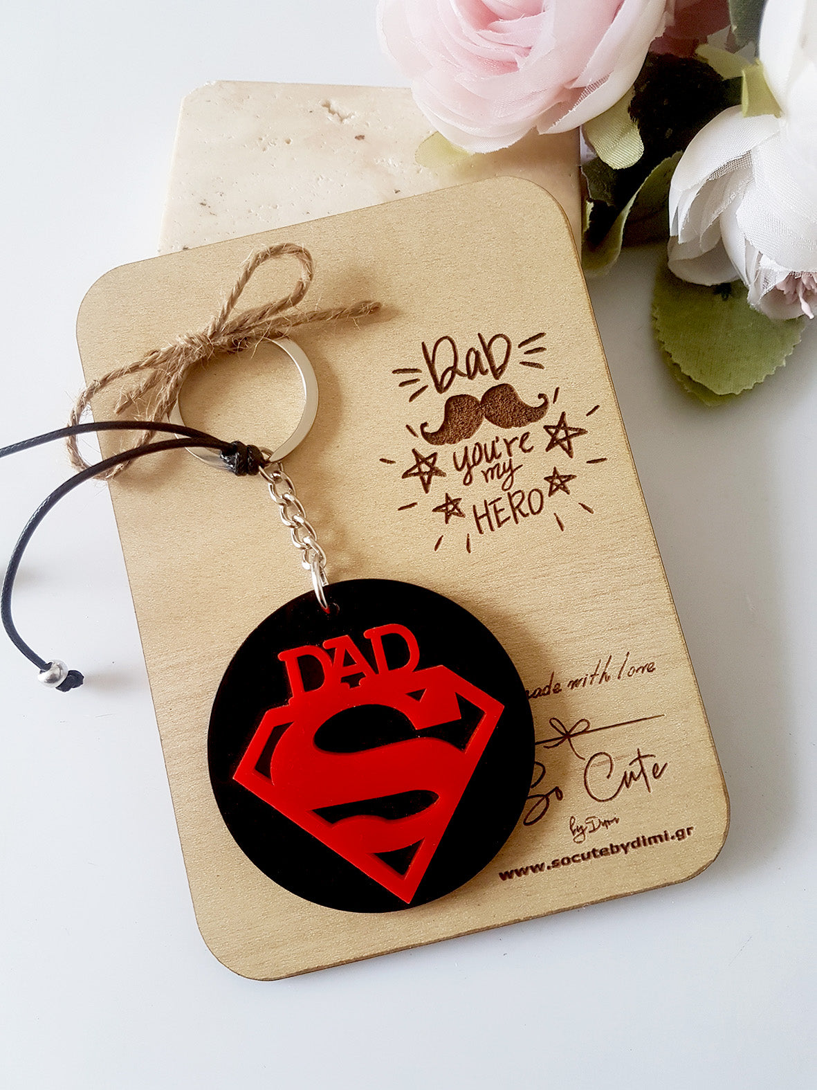 Μπρελόκ Hero Dad με ξύλινη πλάτη δώρου - So Cute by Dimi