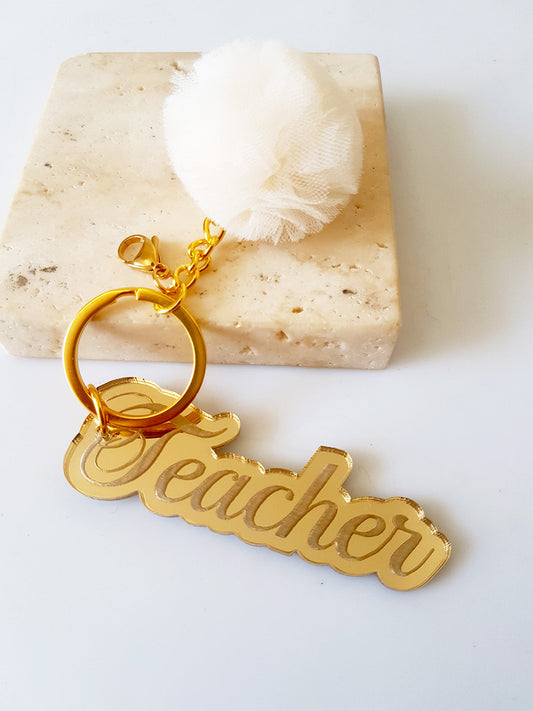 Μπρελόκ Teacher με πον πον σε ξύλινη πλάτη δώρου - So Cute by Dimi