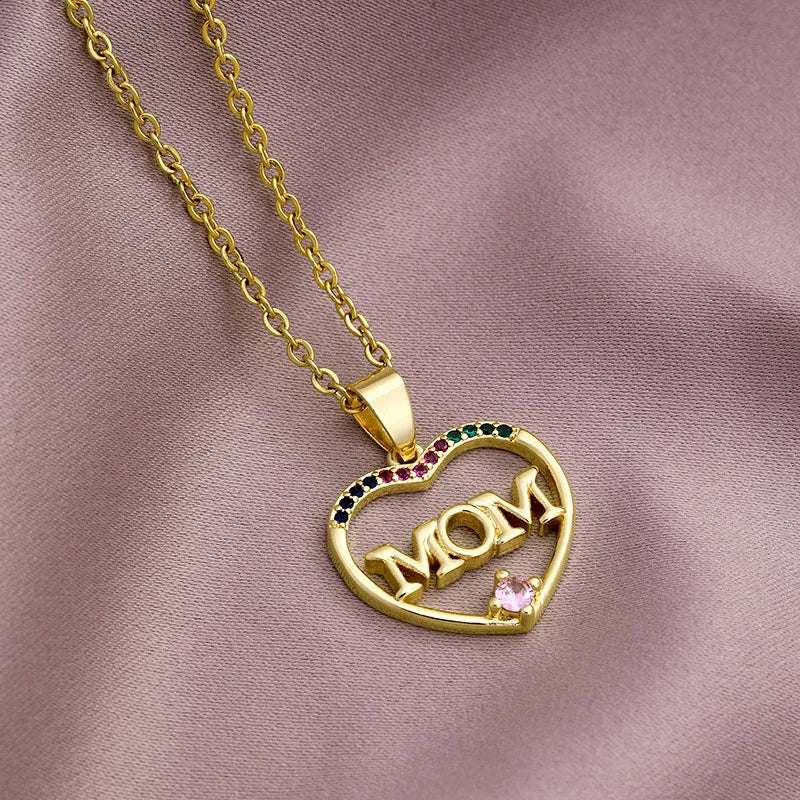MAMA Letter Stainless Steel Plating Zircon Pendant Necklace - 10 designs