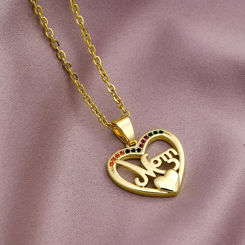 MAMA Letter Stainless Steel Plating Zircon Pendant Necklace - 10 designs
