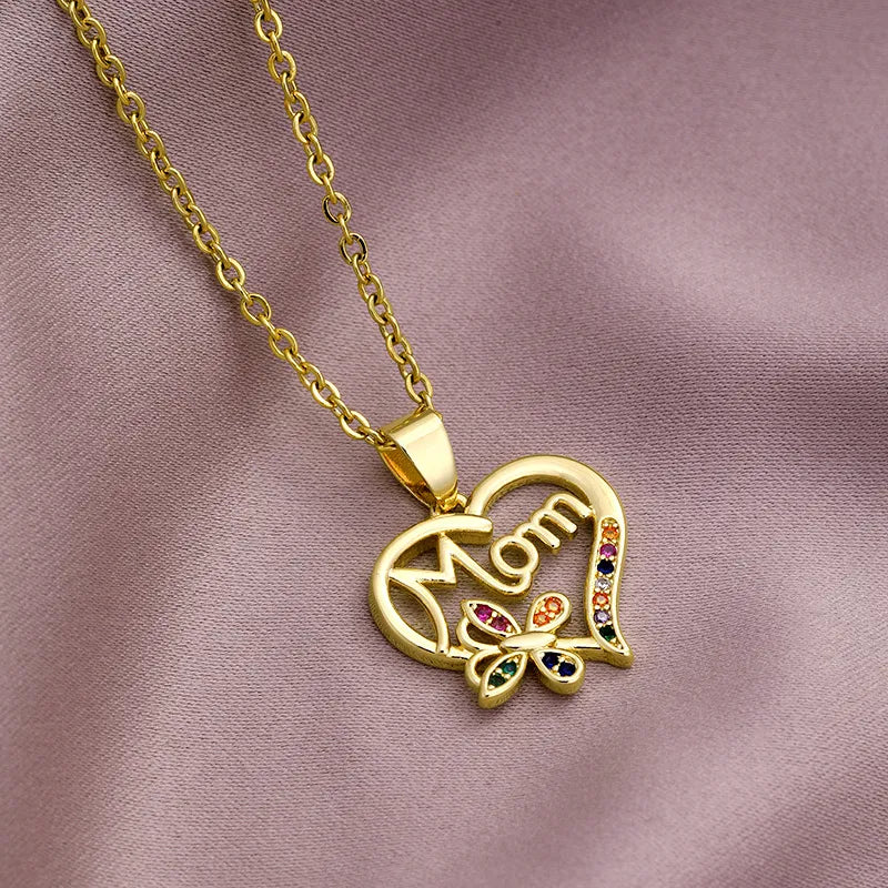 MAMA Letter Stainless Steel Plating Zircon Pendant Necklace - 10 designs