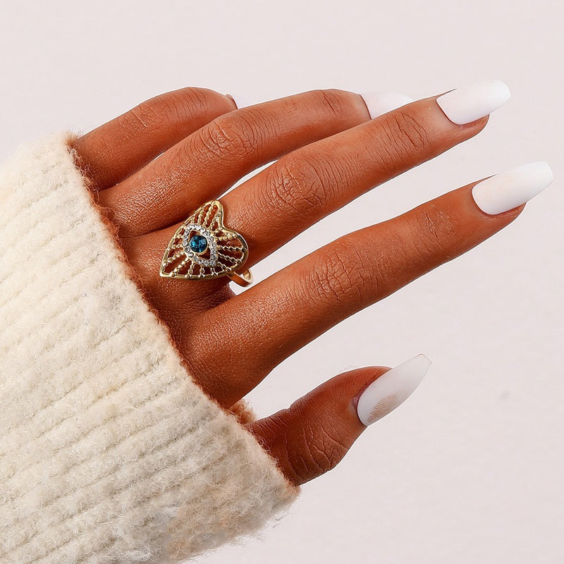 Fashion Heart Shape Eye Stainless Steel Inlay Zircon Open Ring - SoCuteb2b