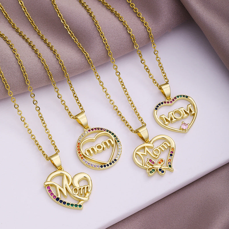 MAMA Letter Stainless Steel Plating Zircon Pendant Necklace - 10 designs