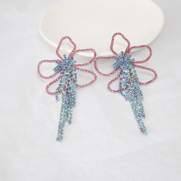 Personalized Flower Full Rhinestone Tassel Oversized Earrings - SoCuteb2b