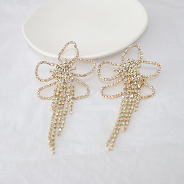 Personalized Flower Full Rhinestone Tassel Oversized Earrings - SoCuteb2b