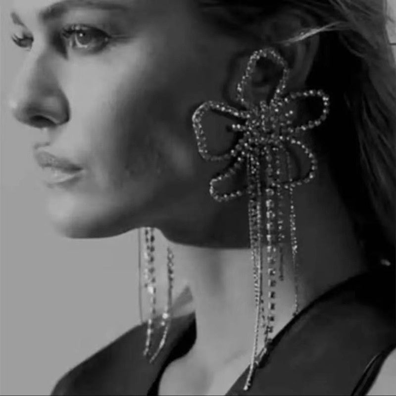 Personalized Flower Full Rhinestone Tassel Oversized Earrings - SoCuteb2b