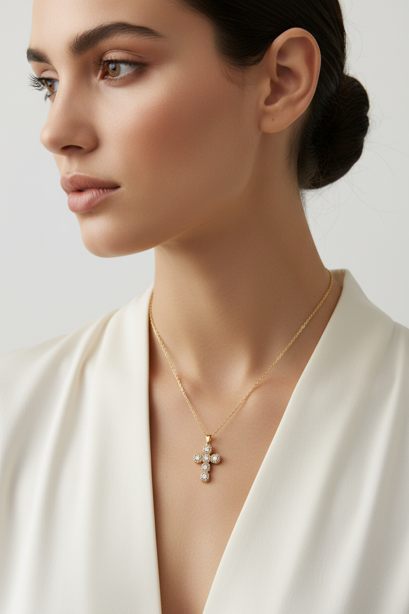 Ατσάλινο κολιέ με σταυρό ζιργκόν και στρας χονδρική So Cute by Dimi