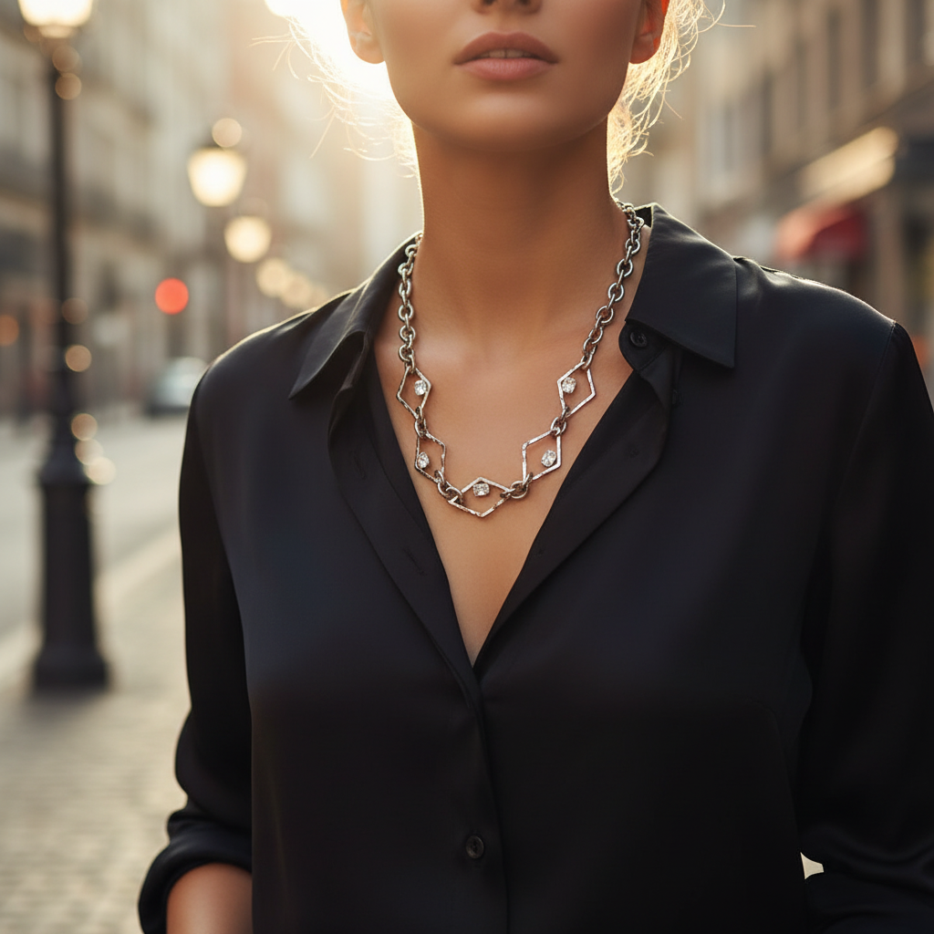 ⚡🚚Rhombus Glow Necklace – Ατσάλινο Κολιέ με Ζιργκόν