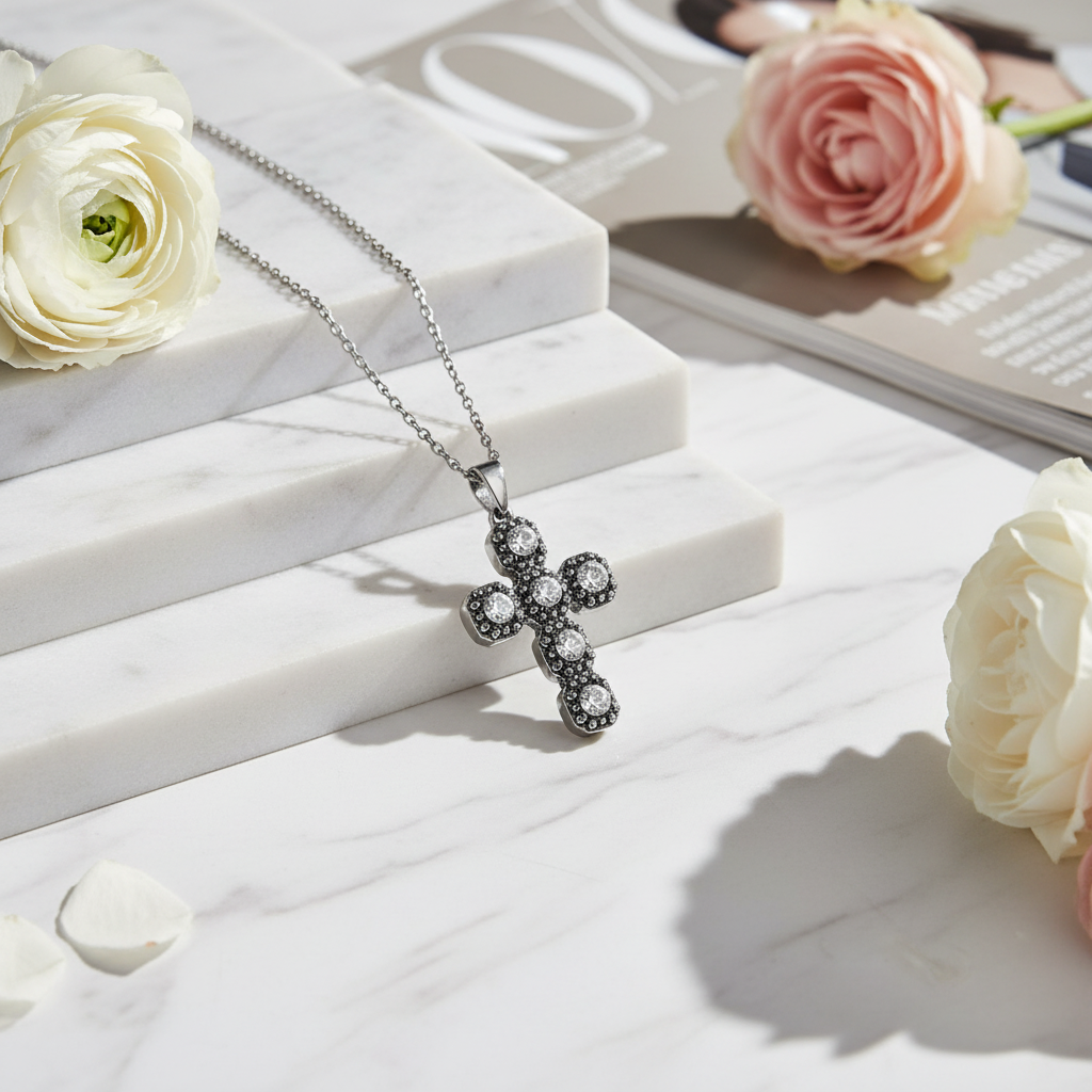 Ατσάλινο κολιέ με σταυρό ζιργκόν και στρας χονδρική So Cute by Dimi