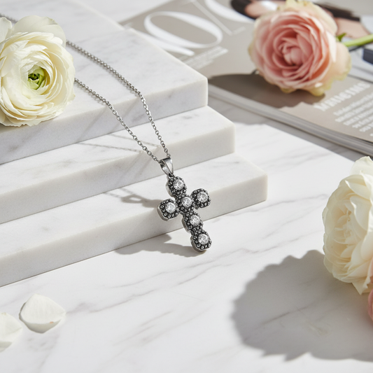 Ατσάλινο κολιέ με σταυρό ζιργκόν και στρας χονδρική So Cute by Dimi