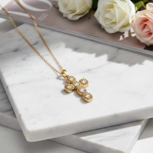 Ατσάλινο κολιέ με σταυρό ζιργκόν και στρας χονδρική So Cute by Dimi