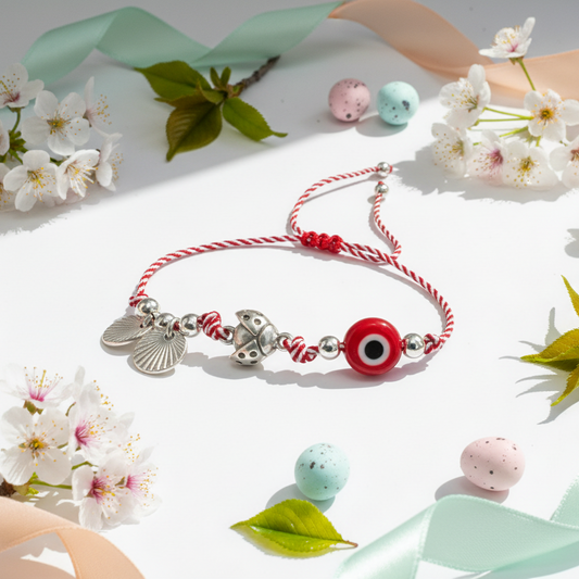 Χειροποίητο βραχιόλι Μάρτης με ματάκι και πασχαλίτσα– So Cute by Dimi