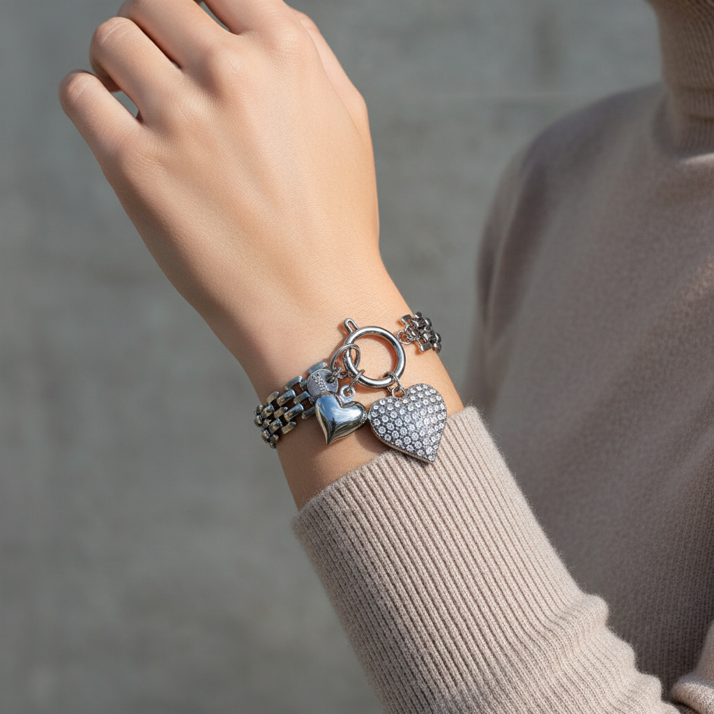 Βραχιόλι από ανοξείδωτο ατσάλι με charms καρδιές και ζιργκόν, φωτογραφημένο σε γυναικείο καρπό | So Cute by Dimi