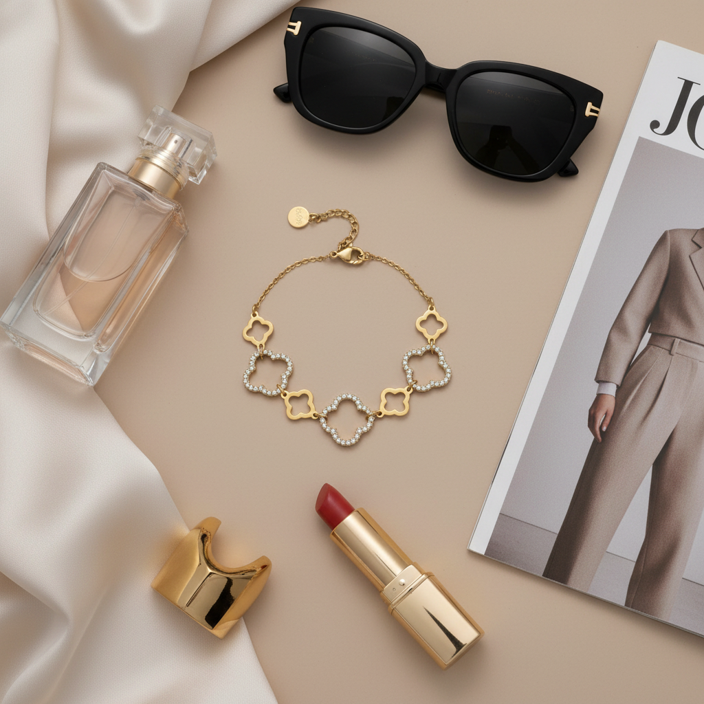 Χρυσό ατσάλινο βραχιόλι με τετράφυλλα και στρας σε editorial flatlay — So Cute by Dimi, 