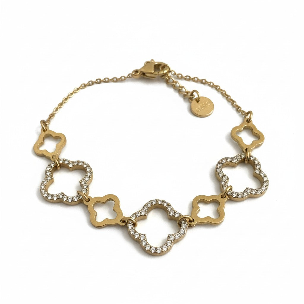 Χονδρικό ατσάλινο βραχιόλι με τετράφυλλα και strass, κωδ. 1-501-3142 — So Cute by Dimi